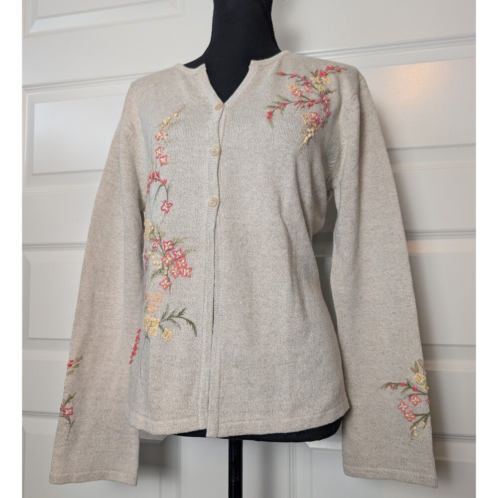 Vintage Talbots Size M Cardigan Embroidered Flowers Linen Blend Knit Cottagecore